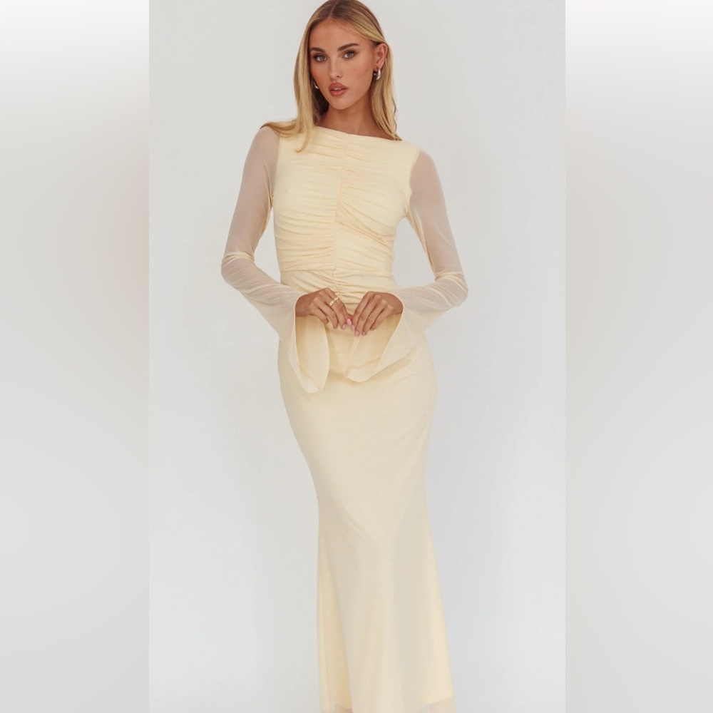 Selfie Leslie Cream Long Sleeve Ruched Bodice Maxi Dress